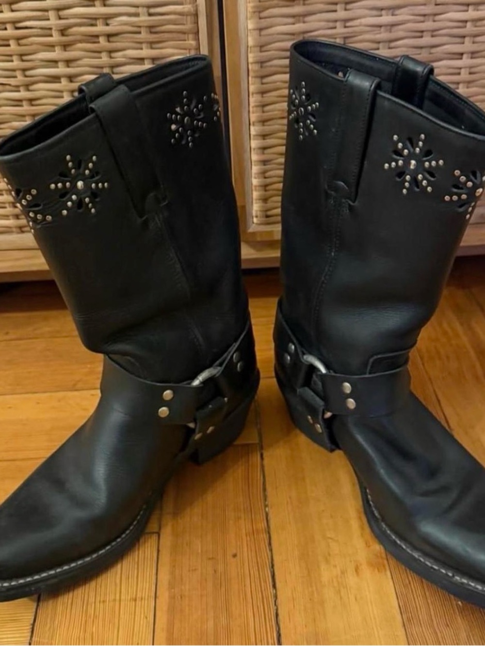 Frye Black Studded Harness Moto Boots